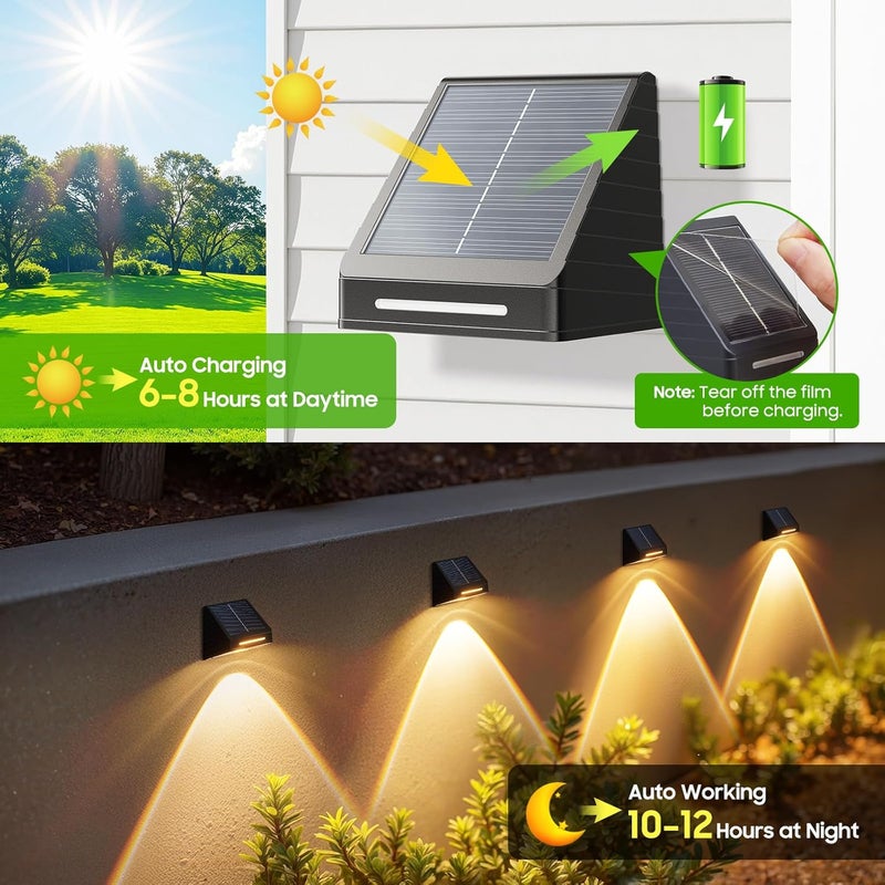 LET MY Solar Fence Lights Outdoor 8 Pack - Brighter Focused Lens, Cold White & Warm Light Fence Solar Lights Outdoor Waterproof, Auto ON/Off Deck Lighting for Wall, Patio, Backyard, Step, Railing - Image 3